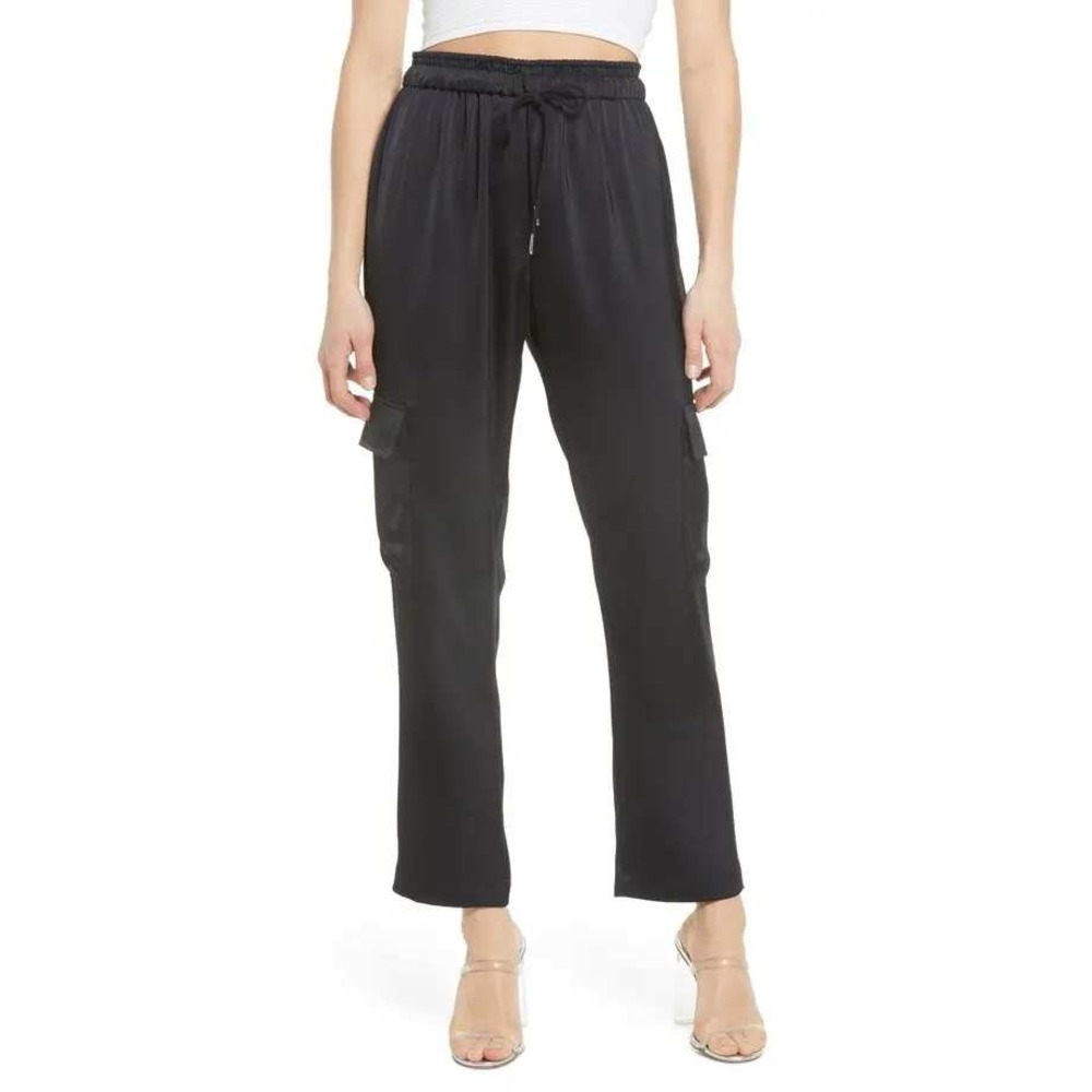 WAYF  Harbour Cargo Jogger Pants‎ Black Satin Small High Waist Lightweight